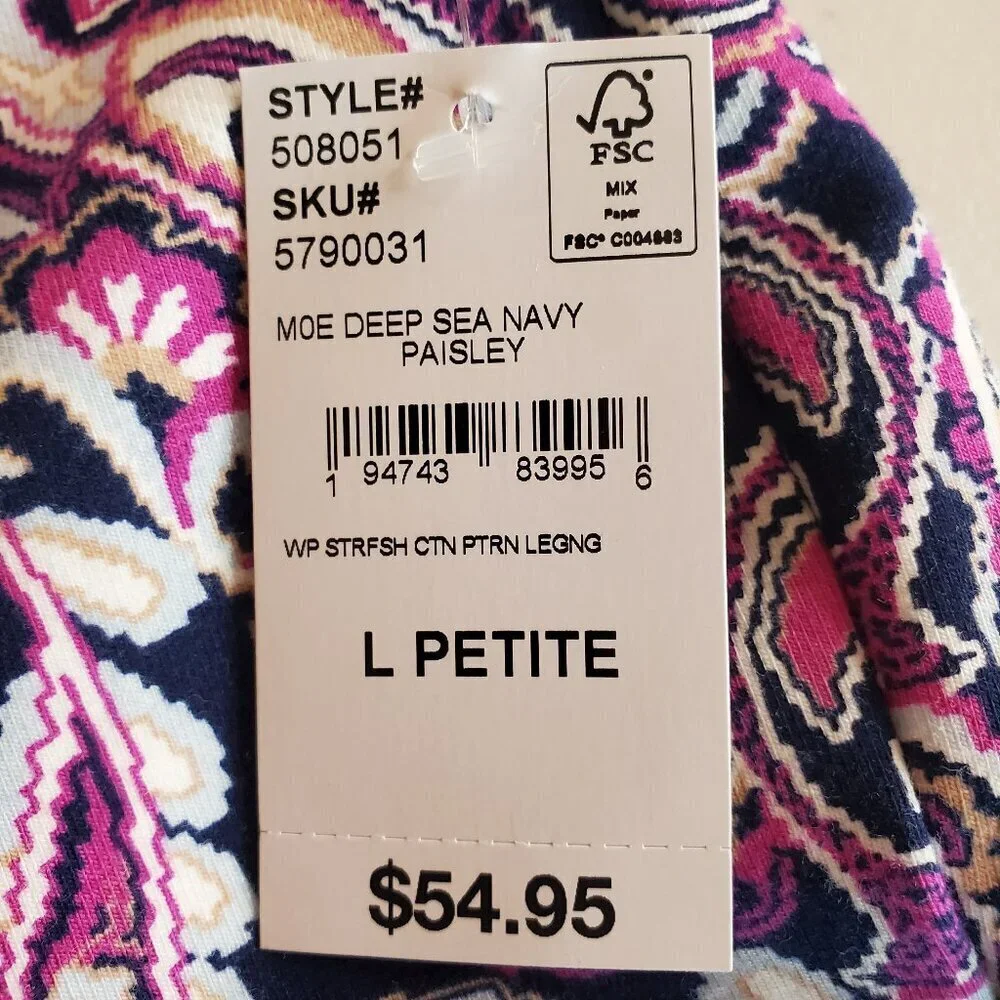 NEW LANDS' END SZ L Petite Starfish Mid Rise Paisley Legging Navy Blue Purple